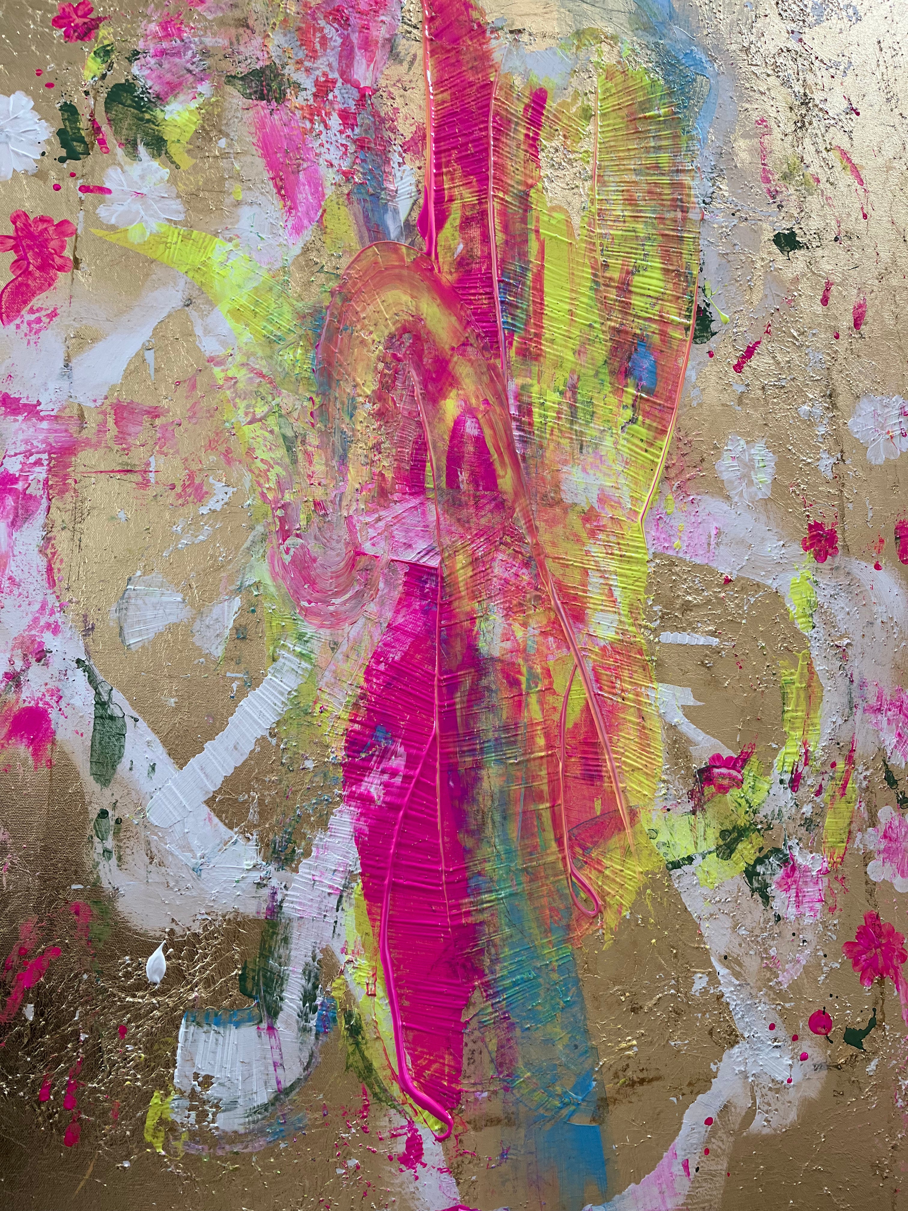 Kunstwerk alive Nadine Elsner Art. Das Werk mit den ersten Farbaufträgen auf dem goldenen Hintergrund.