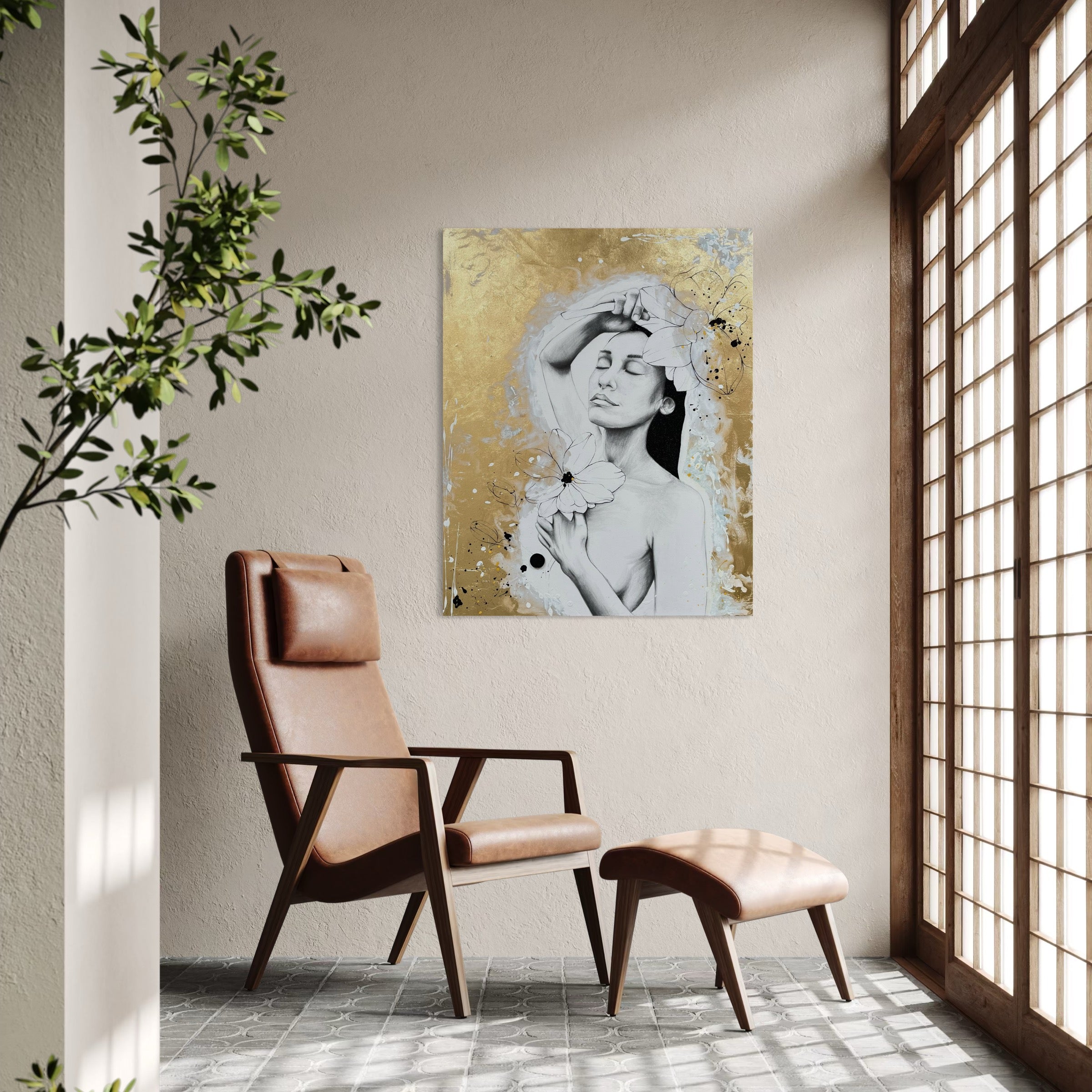 Kunstwerk courage Nadine Elsner Art. Das Bild hängt an einer beigen Wand in einem Raum, der sehr japanisch von seinem Interieur aussieht. Holztöne, warme Sandtöne und ein Baum stehen im Raum.