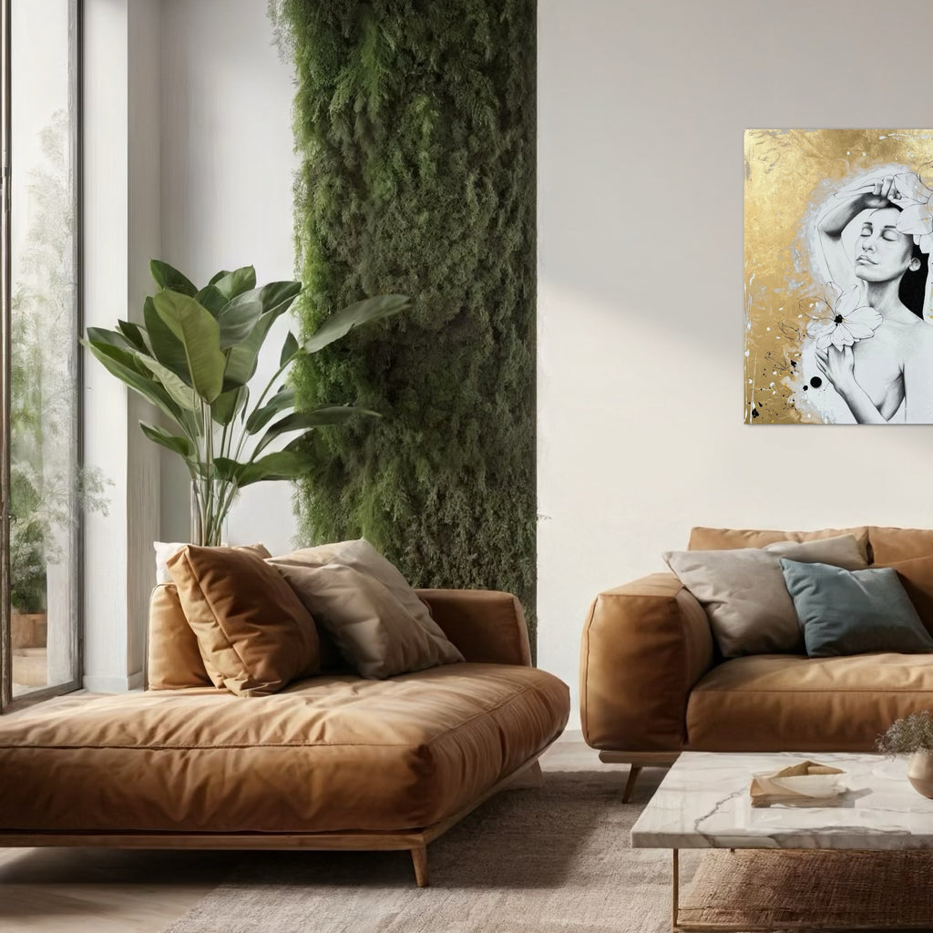 Das Werk hängt über einer hellbraunen Ledercouch. Der Raum ist hell mit einem sehr großen Fenster. Die Details des Raumes werden von Pflanzen und grün bestimmt.