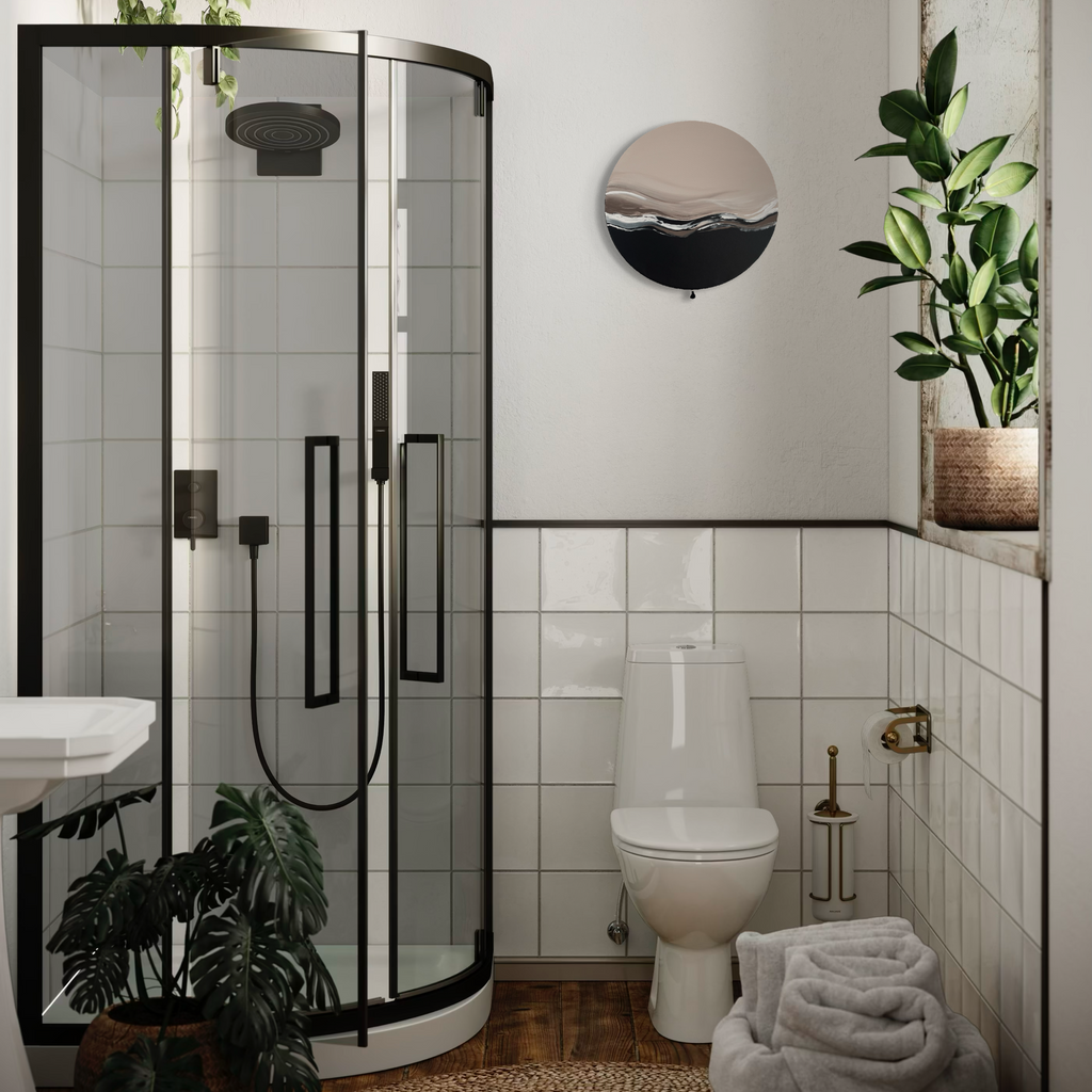 Das Kunstwerk "gentle touch". Moderne Wabi Sabi Kunst mit daoistischer Seele von Nadine Elsner. 40cm im Durchmesser. Weiche nude Töne mit weichem Kunstleder. Sanfter Abschluss mit einer schwarzen kleinen Quaste. Das Bild ergänzt ein Badezimmer. Es ist kontrastreich in weißen, schwarzen und braunen Tönen mit Pflanzen eingerichtet. Das Werk öffnet einen wunderschönen warmen Raum.