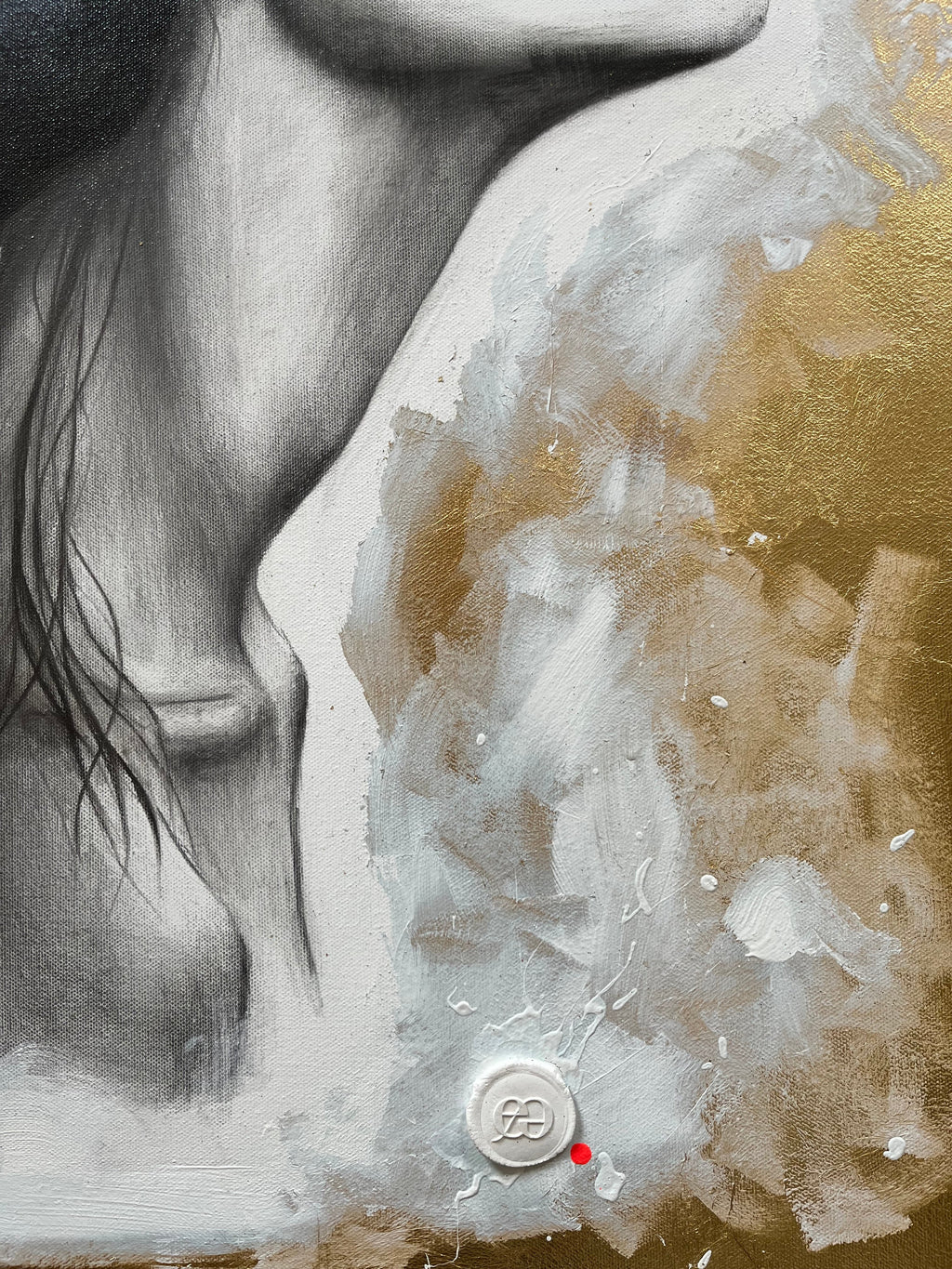 Kunstwerk joy Nadine Elsner Art. Detailaufnahme des fertigen Werkes mit Logosigel.