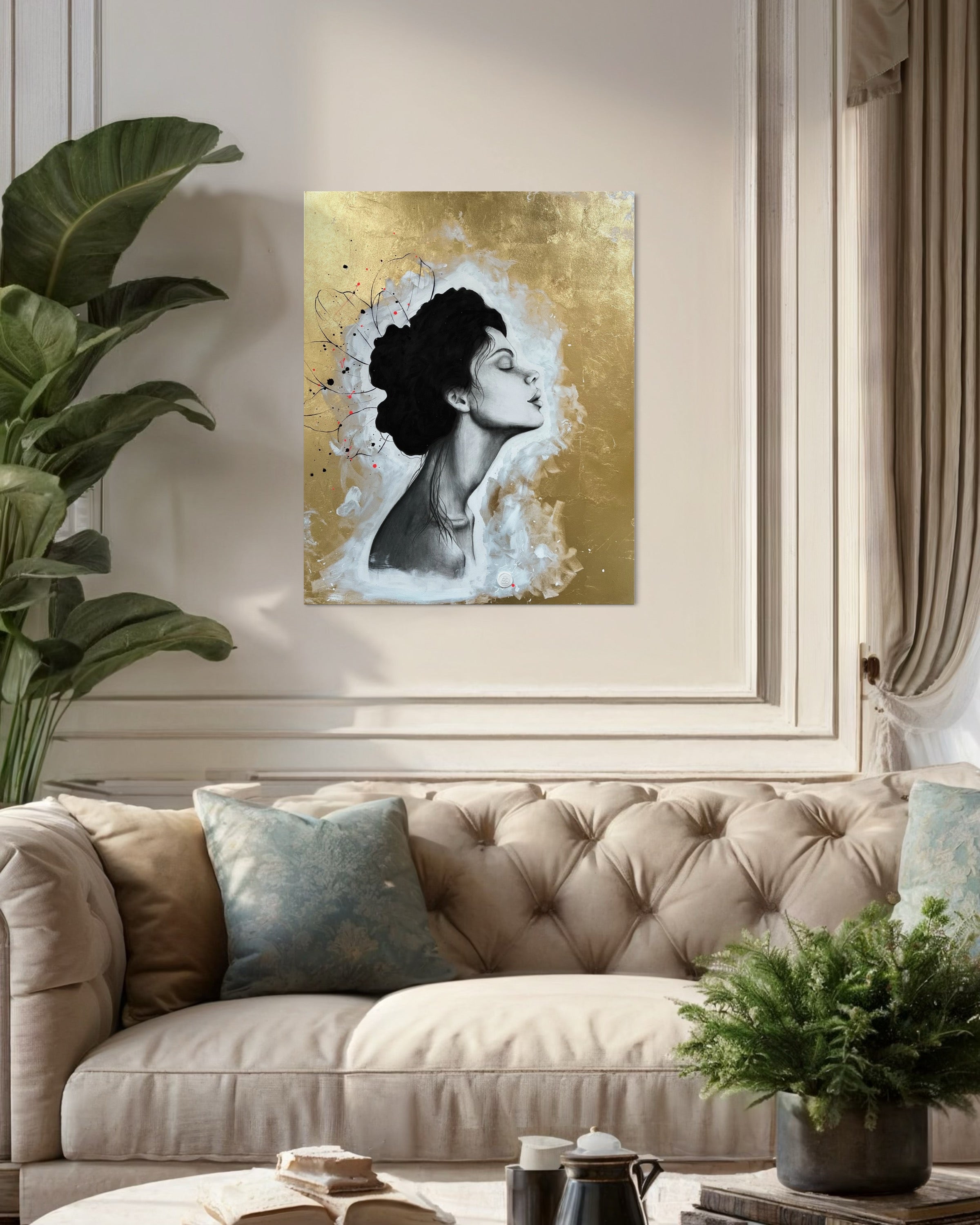 Das Werk hängt an einer beigen Wand über einer gesteppten Couch. Alles ist in beige gehalten und ergänzt sich wunderbar mit den grünen Pflanzen. Es wirkt edel und das Bild rundet den Raum wunderschön ab.