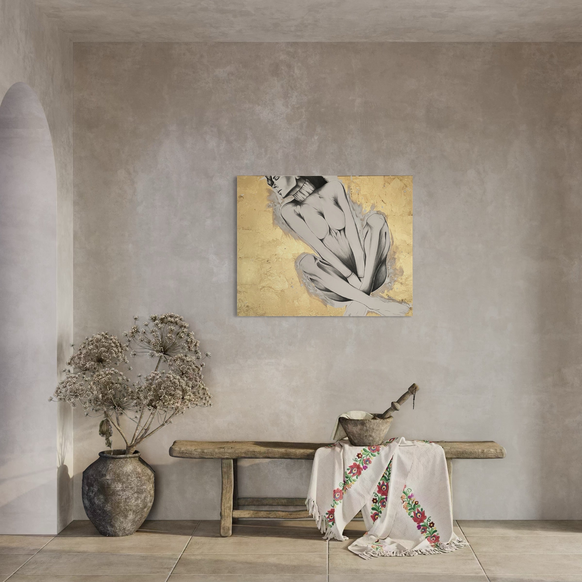 Das Kunstwerk "kleine Träumerei". Moderne Goldkunst von Nadine Elsner. 1m x 80 cm oder 80cm x 1m. Beide Formate stehen dem Bild sehr gut. Citrus goldener Hintergrund einer Zeichnung einer im Traum vertieften Frau. Umrandet von weißer Acrylfarbe. Das Bild strahlt eine wundervolle lebendige und Tagtraum ruhige Atmosphäre aus und nimmt einen mit in eine tiefe Entspannung. Je nach Tageslicht bringt das Gold eine andere Stimmung. Wärmend, kühlend, energetsierend.