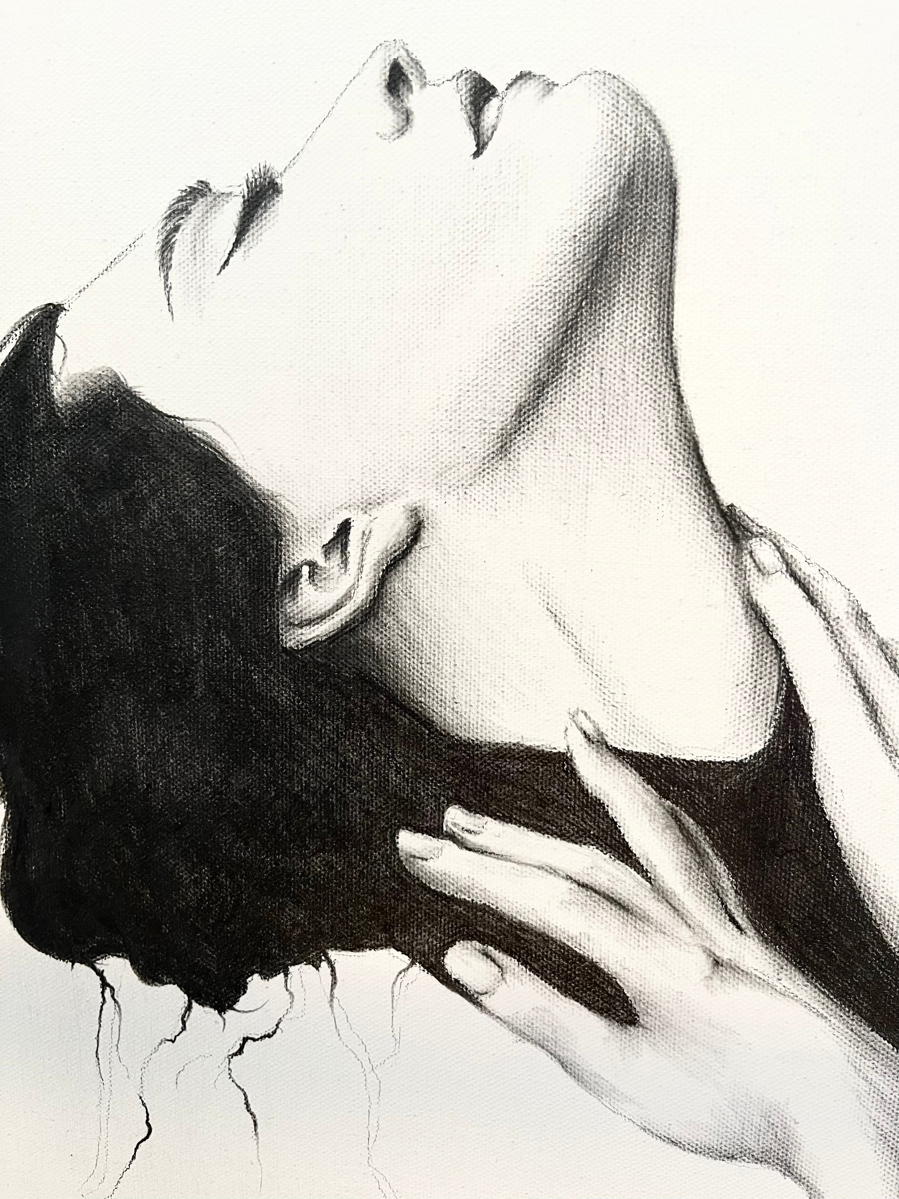 Kunstwerk roots Nadine Elsner Art. Detailaufnahme der Zeichnung (Gesicht) auf Leinwand.