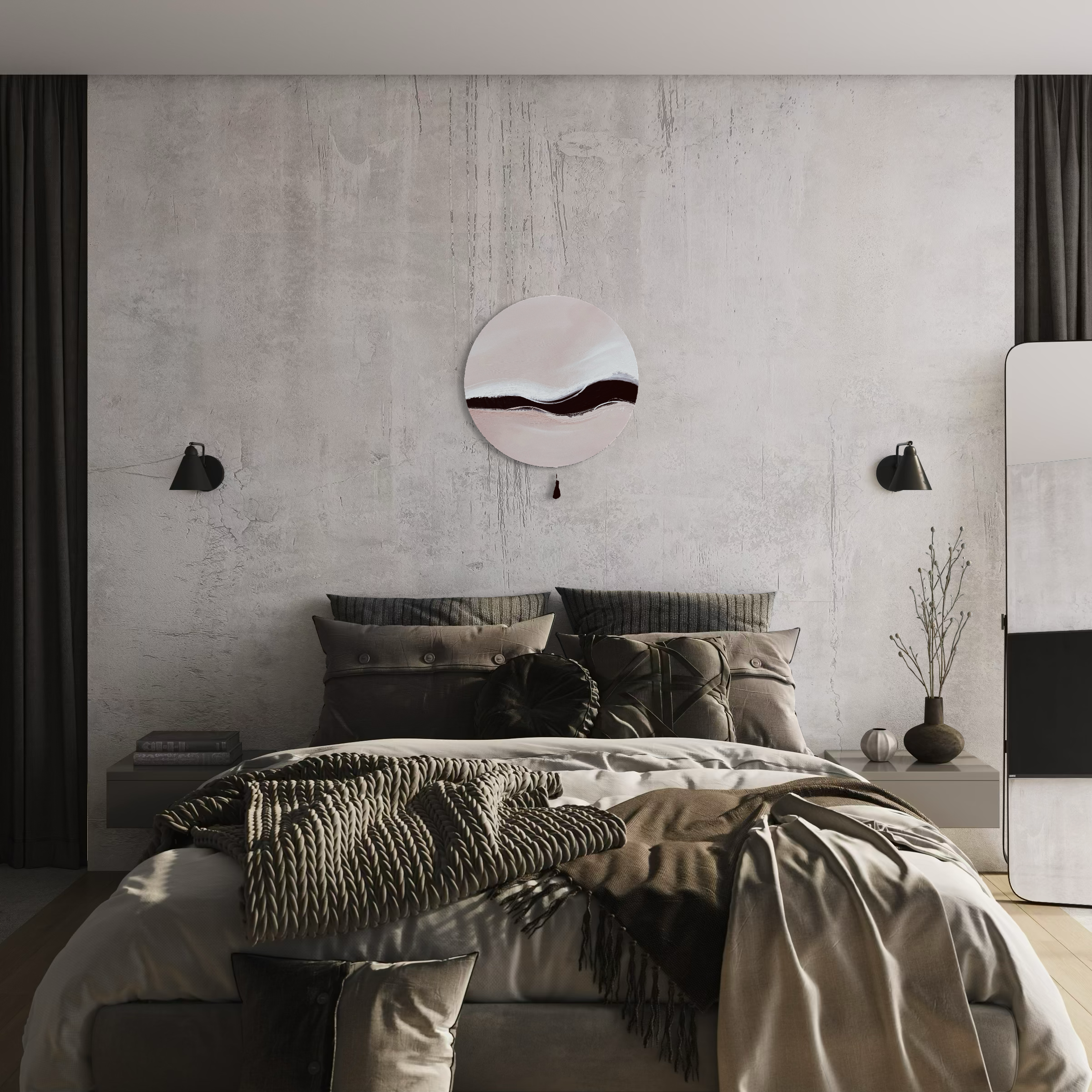 Kunstwerk warm wave Nadine Elsner modern Wabi Sabi Art. Das Werk hängt über einem Bett. Der Raum ist dunkel in Natur- und Erdtönen gehalten. 